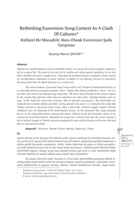 Rethinking Eurovision Song Contest As a Clash of Cultures* Kültürel Bir Mücadele Alanı Olarak Eurovision Şarkı Yarışması