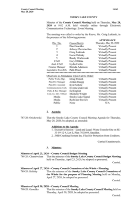 Minutes of the County Council Meeting Held on Thursday, May 28, 2020 at 9:02 A.M