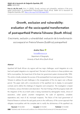 Evaluation of the Socio-Spatial Transformation of Post-Apartheid Pretoria-Tshwane (South Africa)