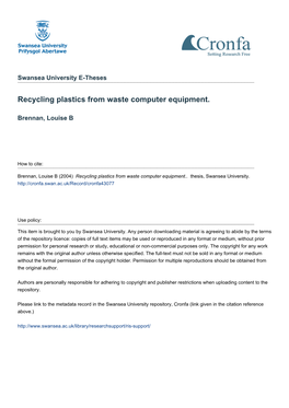 Recycling Plastics from Waste Computer Equipment