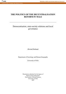 The Politics of the Decentralisation Reform in Mali