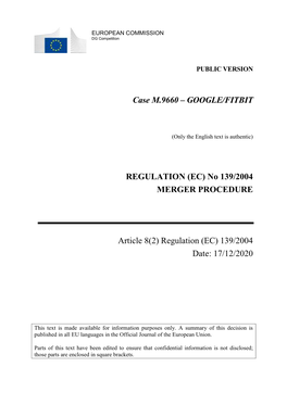 Case M.9660 – GOOGLE/FITBIT REGULATION (EC)