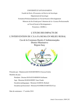 L'etude DES IMPACTS DE L'intervention DU C.S.A FA.MI.MA EN MILIEU RURAL Cas De La Commune Rurale D'ambatomanjaka District