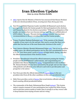 Iran Election Update June 15, 2013: Election Results