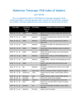 Walkerton Telescope 1918 Index of Soldiers, A2017.008.008