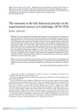 The Museum in the Lab: Historical Practice in the Experimental Sciences at Cambridge, 1874–1936