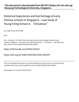 Historical Trajectories and Lost Heritage of Early Chinese Schools in Singapore – Case Study of Yeung Ching School in ‘Chinatown’