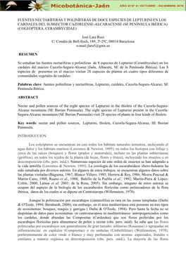 Fuentes Nectaríferas Y Poliníferas De Doce Especies De Lepturini En Los Cardales Del Subsector Cazorlense-Alcaracense (Se