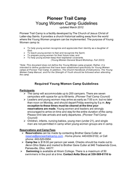 Pioneer Trail Camp Young Women Camp Guidelines Updated March 2012