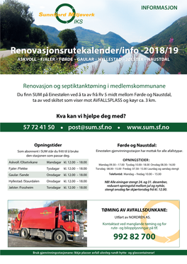 Renovasjonsrutekalender/Info -2018/19 ASKVOLL – FJALER – FØRDE – GAULAR – HYLLESTAD – JØLSTER – NAUSTDAL