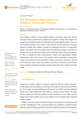 The Meaning of Experiences of Religious Conversion Process Putra Wiramuda Master in Psychology, Faculty of Psychology, Universitas Gadjah Mada, Jl