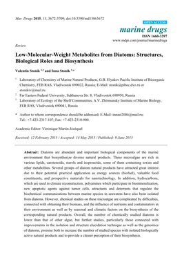 Low-Molecular-Weight Metabolites from Diatoms: Structures, Biological Roles and Biosynthesis