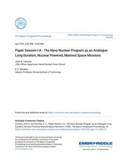 Paper Session I-A - the Navy Nuclear Program As an Analogue Long Duration, Nuclear Powered, Manned Space Missions