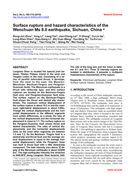 Surface Rupture and Hazard Characteristics of the Wenchuan Ms 8.0 Earthquake, Sichuan, China﹡