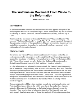 The Waldensian Movement from Waldo to the Reformation
