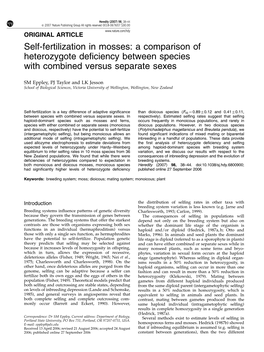 Self-Fertilization in Mosses: a Comparison of Heterozygote Deﬁciency Between Species with Combined Versus Separate Sexes