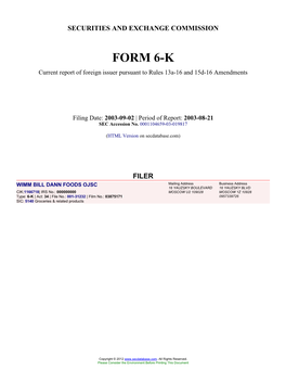 WIMM BILL DANN FOODS OJSC (Form: 6-K, Filing Date: 09/02/2003)