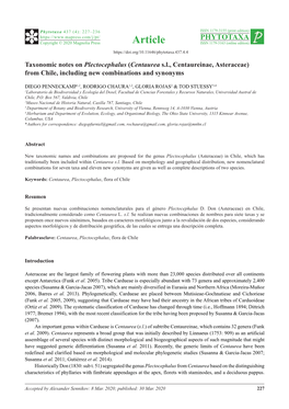 Taxonomic Notes on Plectocephalus (Centaurea S.L., Centaureinae, Asteraceae) from Chile, Including New Combinations and Synonyms