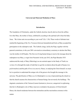 THE UNIVERSAL and MATERNAL MEDIATION of MARY Lawrence V