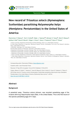 (Hymenoptera: Scelionidae) Parasitising Halyomorpha Halys (Hemiptera: Pentatomidae) in the United States of America