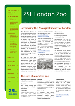 ZSL London Zoo VISION  to Achieve and Promote the World- Wide Conservation AS/A2 COURSEWORK SUP P O R T 2 0 1 5 / 1 6 of Animals and Their Habitats