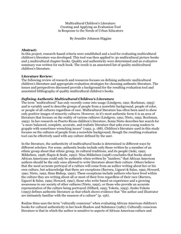 Multicultural Children's Literature: Creating and Applying an Evaluation Tool in Response to the Needs of Urban Educators