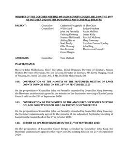 Minutes of the October Meeting of Laois County Council Held on the 19Th of October 2020 in the Dunamaise Arts Centre & Theatre