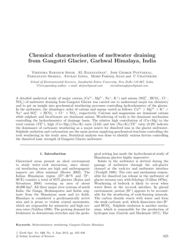 Chemical Characterisation of Meltwater Draining from Gangotri Glacier, Garhwal Himalaya, India