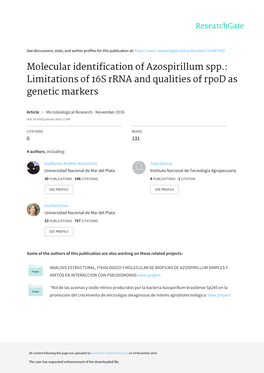 Molecular Identification of Azospirillum Spp.: Limitations of 16S Rrna and Qualities of Rpod As Genetic Markers