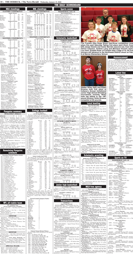 THE DAILY SCOREBOARD NBA Standings NHL Standings Sports Scene EASTERN CONFERENCE EASTERN CONFERENCE WEDNESDAY, JAN