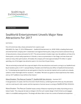 Seaworld Entertainment Unveils Major New Attractions for 2017