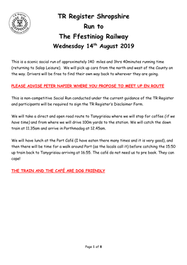 TR Register Shropshire Run to the Ffestiniog Railway Wednesday 14Th August 2019