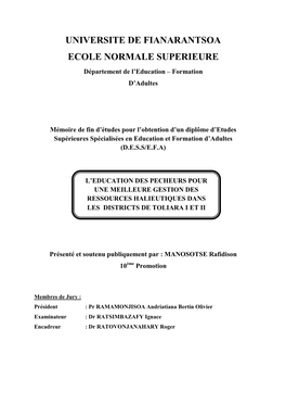 UNIVERSITE DE FIANARANTSOA ECOLE NORMALE SUPERIEURE Département De L’Education – Formation D’Adultes