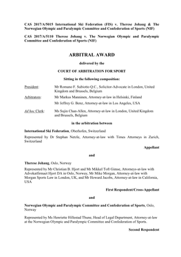 CAS 2017/A/5015 International Ski Federation (FIS) V. Therese Johaug & the Norwegian Olympic and Paralympic Committee and Confederation of Sports (NIF)