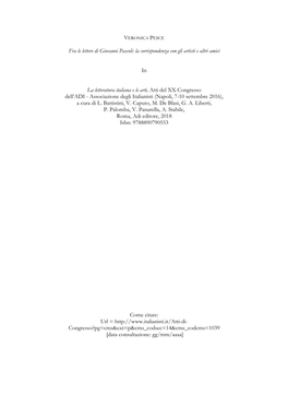 Fra Le Lettere Di Giovanni Pascoli: La Corrispondenza Con Gli Artisti E Altri Amici