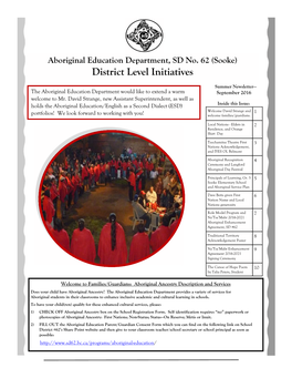 Aboriginal Education Department, SD No. 62 (Sooke) District Level Initiatives