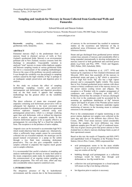 Sampling and Analysis for Mercury of Steam Collected from Geothermal