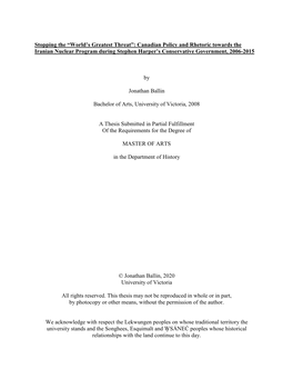 Canadian Policy and Rhetoric Towards the Iranian Nuclear Program During Stephen Harper’S Conservative Government, 2006-2015
