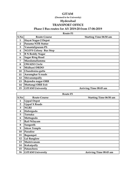 Hyderabad TRANSPORT OFFICE Phase I Bus Routes for AY 2019-20