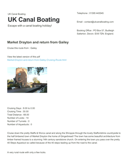Market Drayton and Return from Gailey | UK Canal Boating
