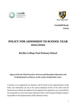 Policy for Admission to School Year 2021/2022