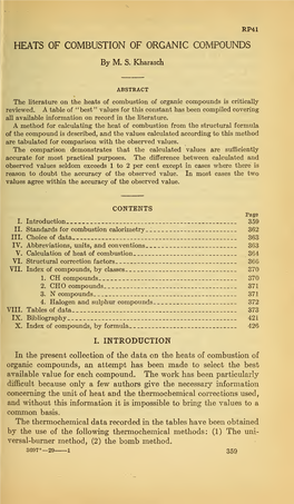 Heats of Combustion of Organic Compounds