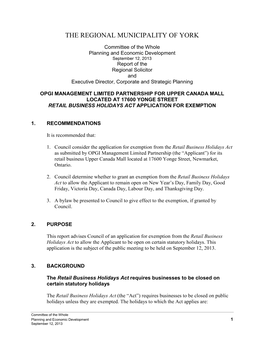 Opgi Management Limited Partnership for Upper Canada Mall Located at 17600 Yonge Street Retail Business Holidays Act Application for Exemption