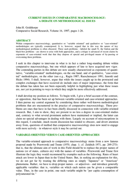 Current Issues in Comparative Macrosociology: a Debate on Methodological Issues