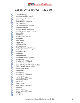 1904 Ramly T204 Baseball Checklist