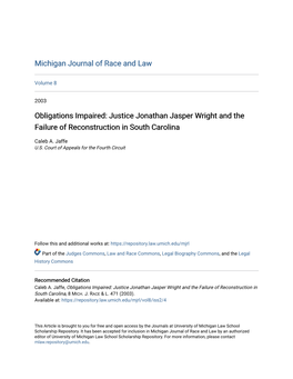 Justice Jonathan Jasper Wright and the Failure of Reconstruction in South Carolina