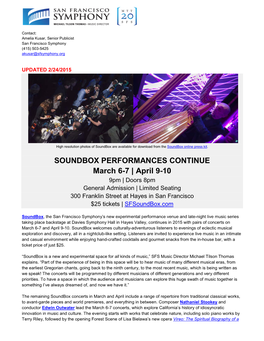 SOUNDBOX PERFORMANCES CONTINUE March 6-7 | April 9-10