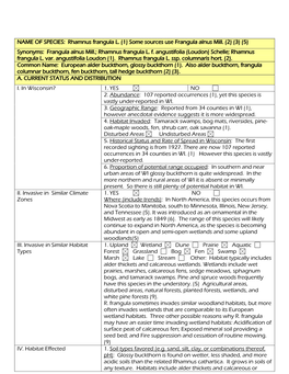 NAME of SPECIES: Rhamnus Frangula L. (1) Some Sources Use Frangula Alnus Mill