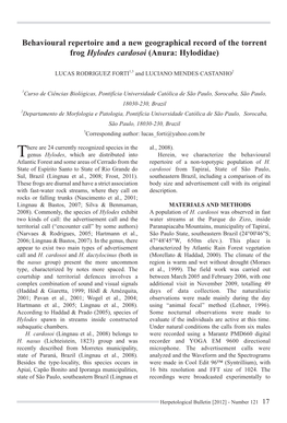 Behavioural Repertoire and a New Geographical Record of the Torrent Frog Hylodes Cardosoi (Anura: Hylodidae)