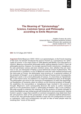 “Epistemology” Science, Common Sense and Philosophy According to Émile Meyerson